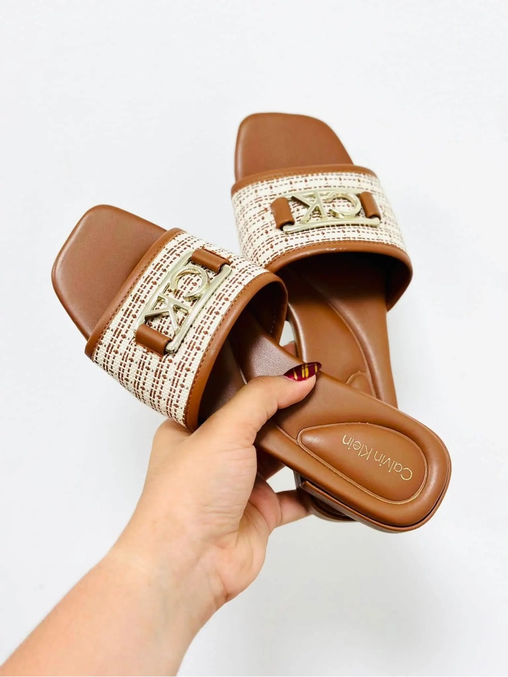 Calvin Klein Tan and Cream Logo Slide Sandals